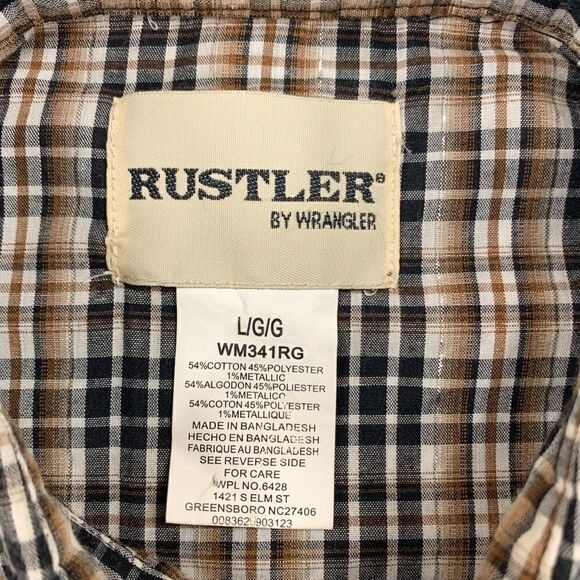 Rustler Wrangler Shirt Mens Large Tan Black Plaid Western Cowboy Pearl Snap Farm - Picture 8 of 12